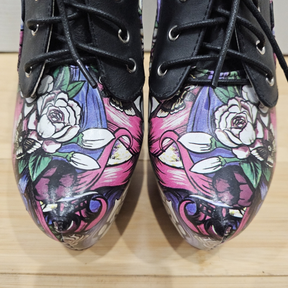 RARE IRON FIST Black Punk Goth Skull Floral Platform Lace Up High Heel Shoes 9 - Picture 8 of 14